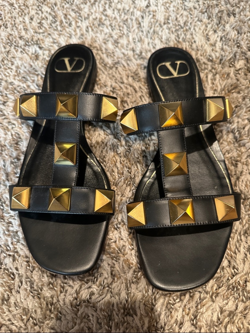 Valentino Black Leather Slide Sandals with Gold Pyramid Studs - Double Strap